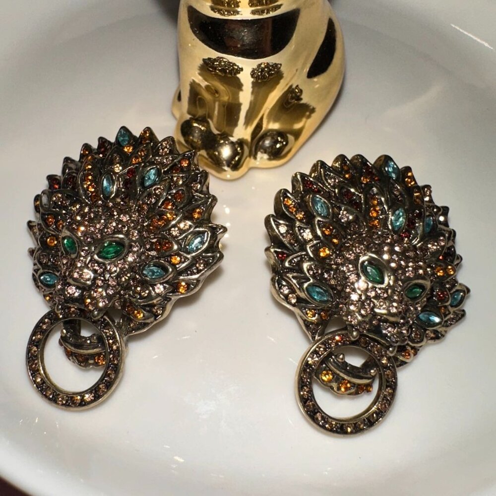 Gothic Lion Head Statement Earrings with Crystal Details